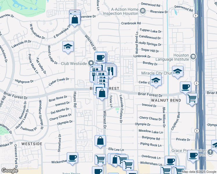 map of restaurants, bars, coffee shops, grocery stores, and more near 11050 Briar Forest Drive in Houston