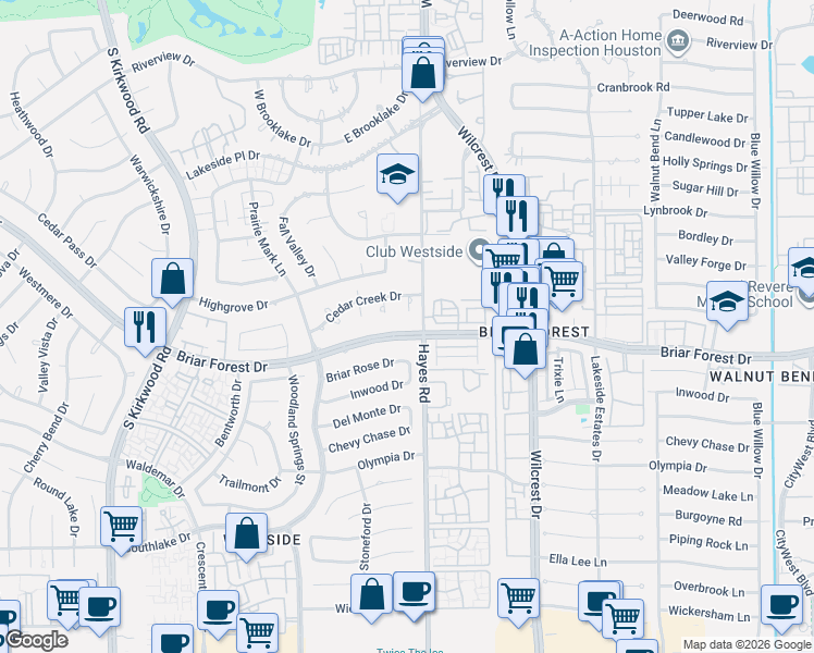 map of restaurants, bars, coffee shops, grocery stores, and more near 11310 Briar Forest Drive in Houston
