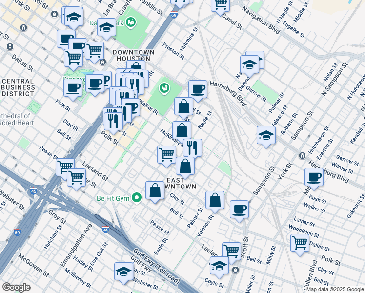 map of restaurants, bars, coffee shops, grocery stores, and more near 2612 McKinney Street in Houston
