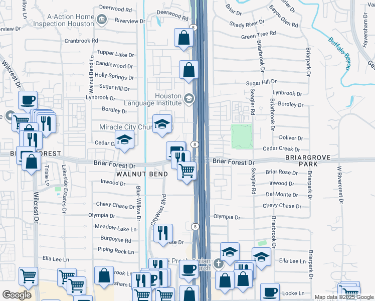 map of restaurants, bars, coffee shops, grocery stores, and more near 1300 South Sam Houston Parkway West in Houston
