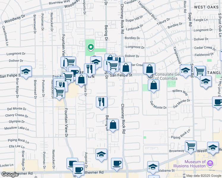 map of restaurants, bars, coffee shops, grocery stores, and more near 1811 Bering Drive in Houston