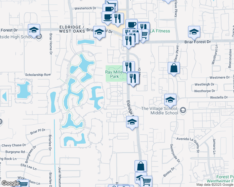 map of restaurants, bars, coffee shops, grocery stores, and more near 1950 Eldridge Parkway South in Houston