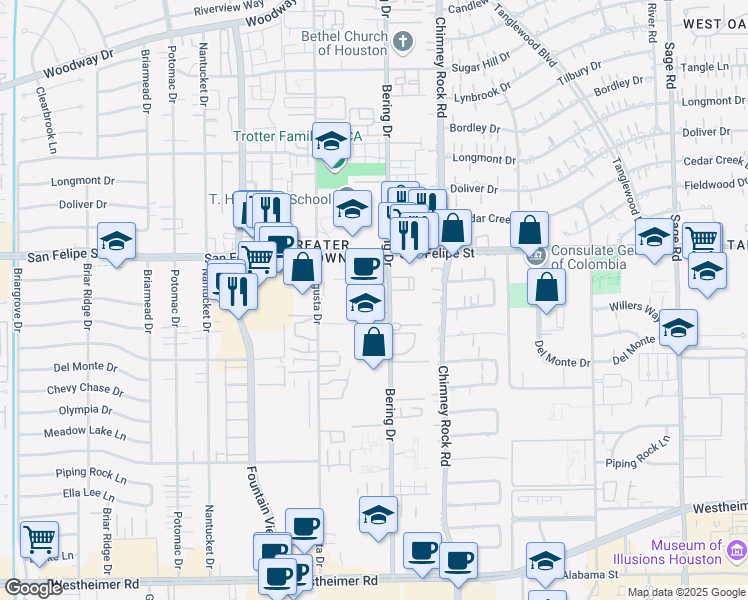 map of restaurants, bars, coffee shops, grocery stores, and more near 5806 Inwood Park Court in Houston