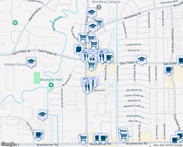 map of restaurants, bars, coffee shops, grocery stores, and more near 1801 South Voss Road in Houston