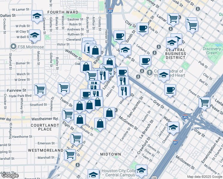 map of restaurants, bars, coffee shops, grocery stores, and more near 2304 Milam Street in Houston