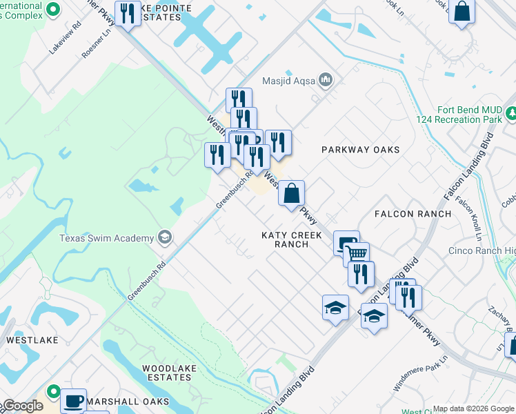 map of restaurants, bars, coffee shops, grocery stores, and more near 3118 Myrtle Ranch Drive in Katy