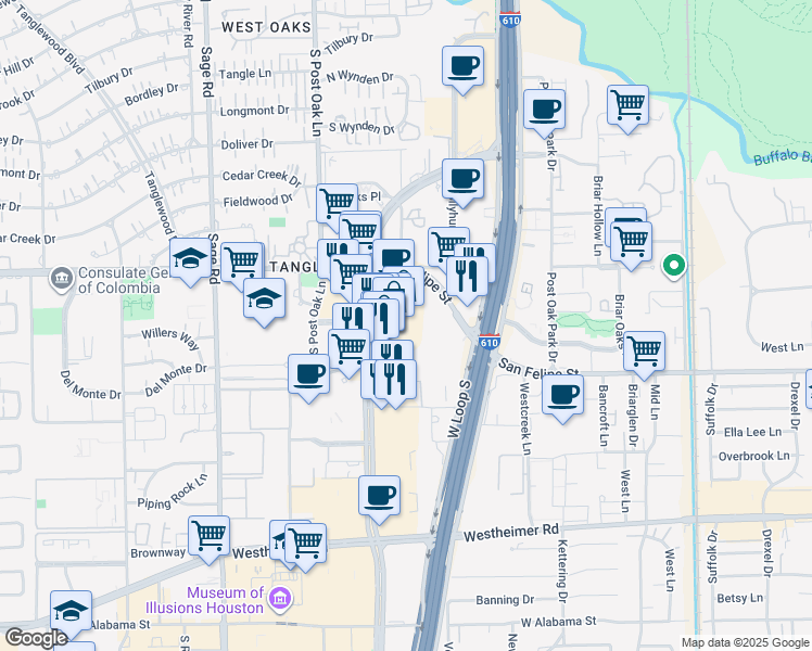 map of restaurants, bars, coffee shops, grocery stores, and more near 1727 Post Oak Blvd in Houston