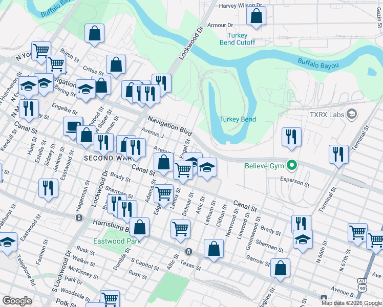 map of restaurants, bars, coffee shops, grocery stores, and more near 228 Engel Street in Houston