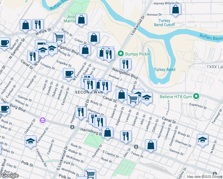 map of restaurants, bars, coffee shops, grocery stores, and more near 211 North Bryan Street in Houston