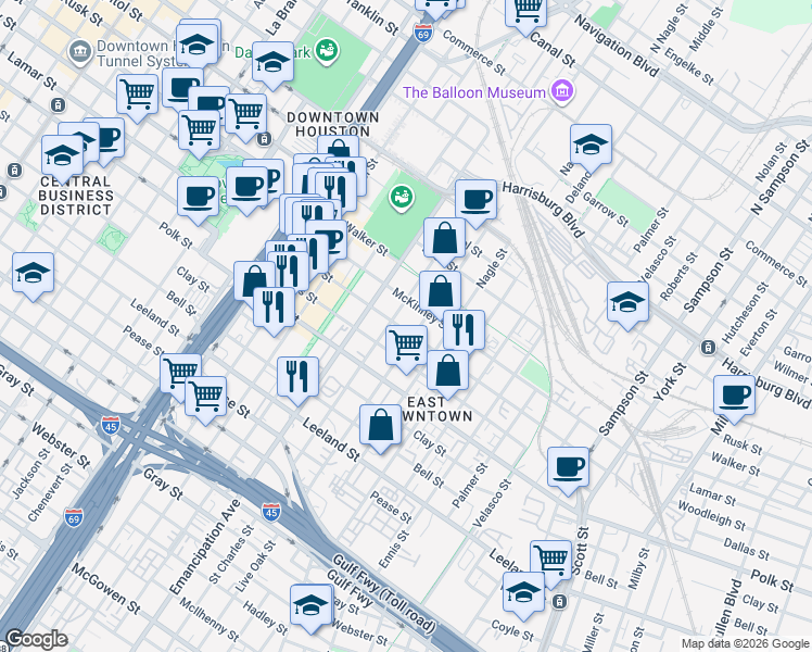 map of restaurants, bars, coffee shops, grocery stores, and more near 2530 Lamar Street in Houston