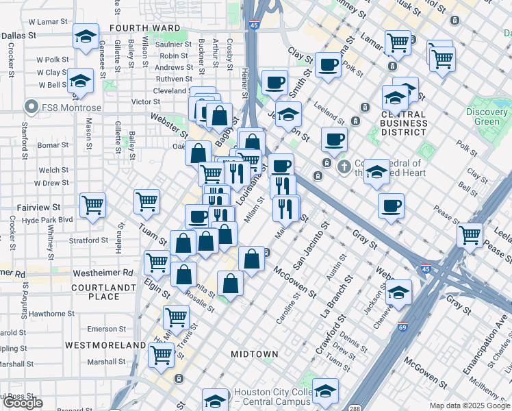 map of restaurants, bars, coffee shops, grocery stores, and more near 2303 Milam Street in Houston