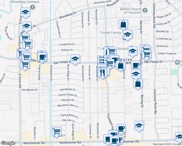 map of restaurants, bars, coffee shops, grocery stores, and more near 1811 Potomac Drive in Houston