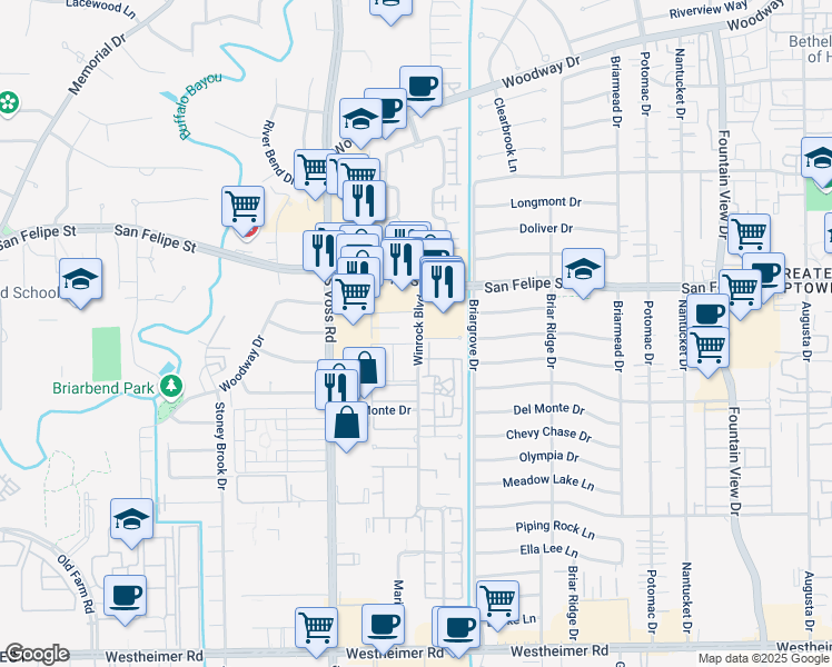map of restaurants, bars, coffee shops, grocery stores, and more near 2001 Winrock Boulevard in Houston