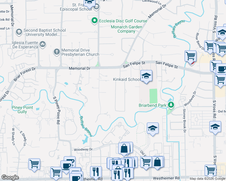 map of restaurants, bars, coffee shops, grocery stores, and more near 12 West Stillforest Street in Piney Point Village
