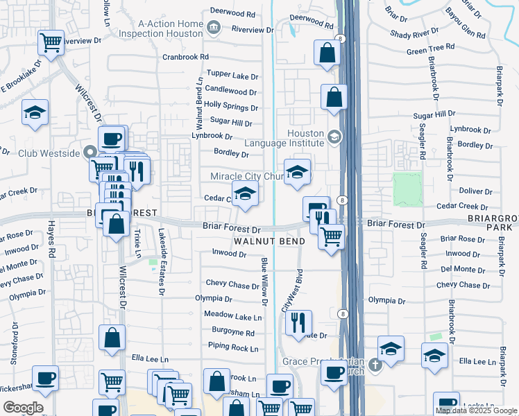 map of restaurants, bars, coffee shops, grocery stores, and more near 10620 Briar Forest Drive in Houston