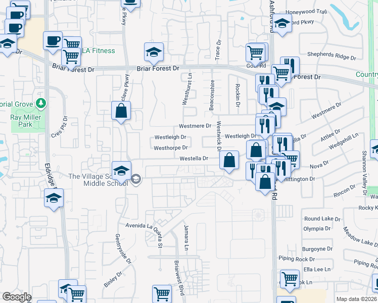 map of restaurants, bars, coffee shops, grocery stores, and more near 12846 Westella Drive in Houston