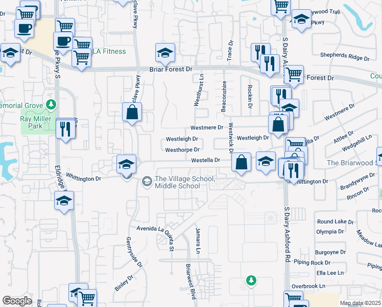 map of restaurants, bars, coffee shops, grocery stores, and more near 12902 Westella Drive in Houston