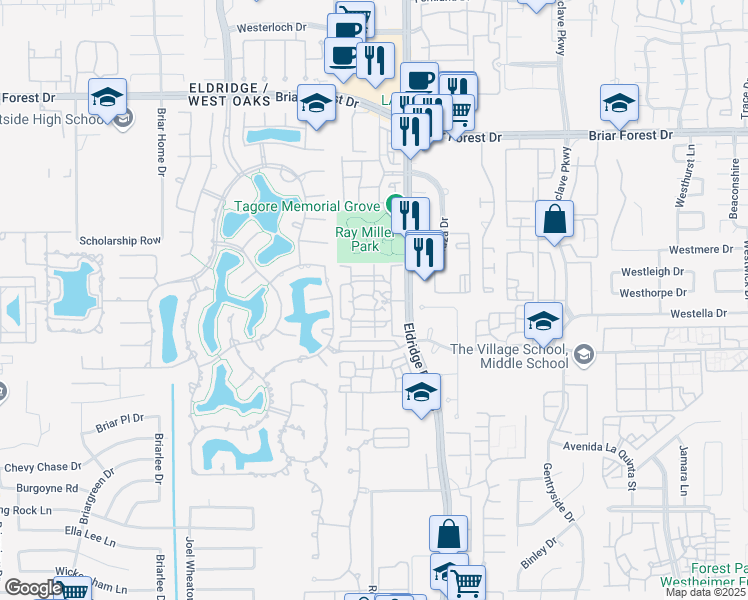 map of restaurants, bars, coffee shops, grocery stores, and more near 1950 Eldridge Parkway in Houston