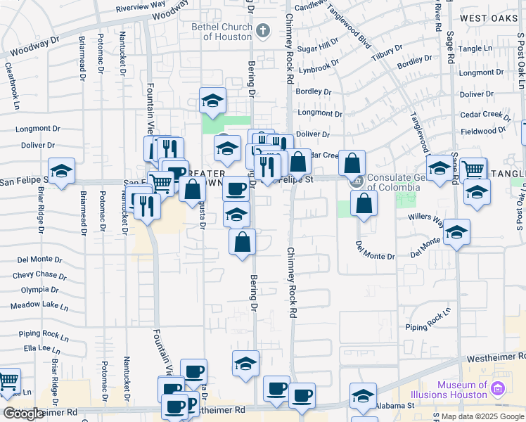 map of restaurants, bars, coffee shops, grocery stores, and more near 5806 Inwood Park Court in Houston