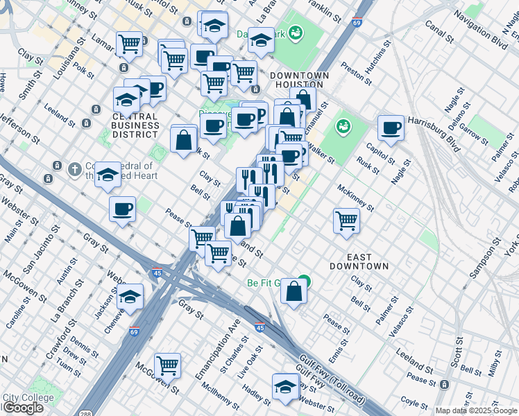 map of restaurants, bars, coffee shops, grocery stores, and more near 1403 Saint Emanuel Street in Houston