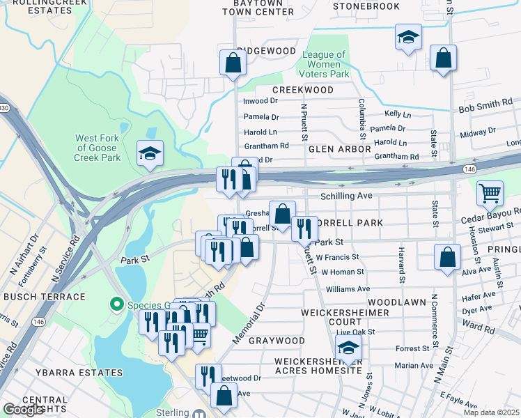 map of restaurants, bars, coffee shops, grocery stores, and more near 707 Gresham Street in Baytown