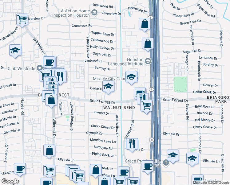 map of restaurants, bars, coffee shops, grocery stores, and more near 10620 Briar Forest Drive in Houston