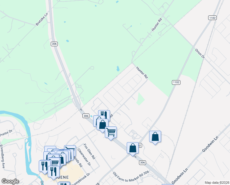 map of restaurants, bars, coffee shops, grocery stores, and more near 1200 Farm to Market Road 306 in New Braunfels