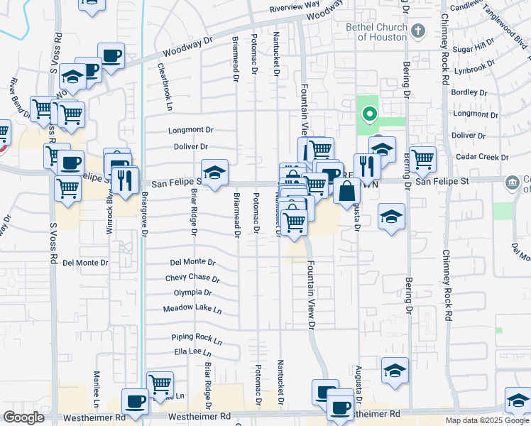 map of restaurants, bars, coffee shops, grocery stores, and more near 1811 Potomac Drive in Houston