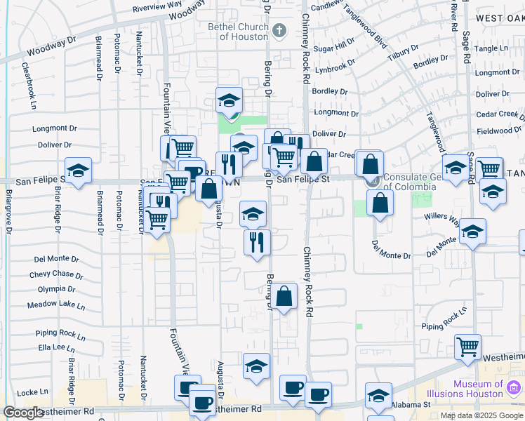 map of restaurants, bars, coffee shops, grocery stores, and more near 1800 Bering Drive in Houston