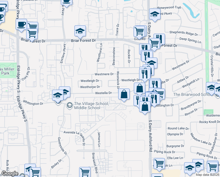 map of restaurants, bars, coffee shops, grocery stores, and more near 12814 Westella Drive in Houston