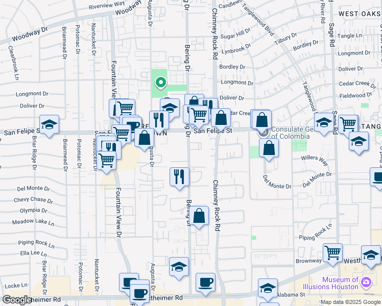 map of restaurants, bars, coffee shops, grocery stores, and more near 1811 Bering Drive in Houston