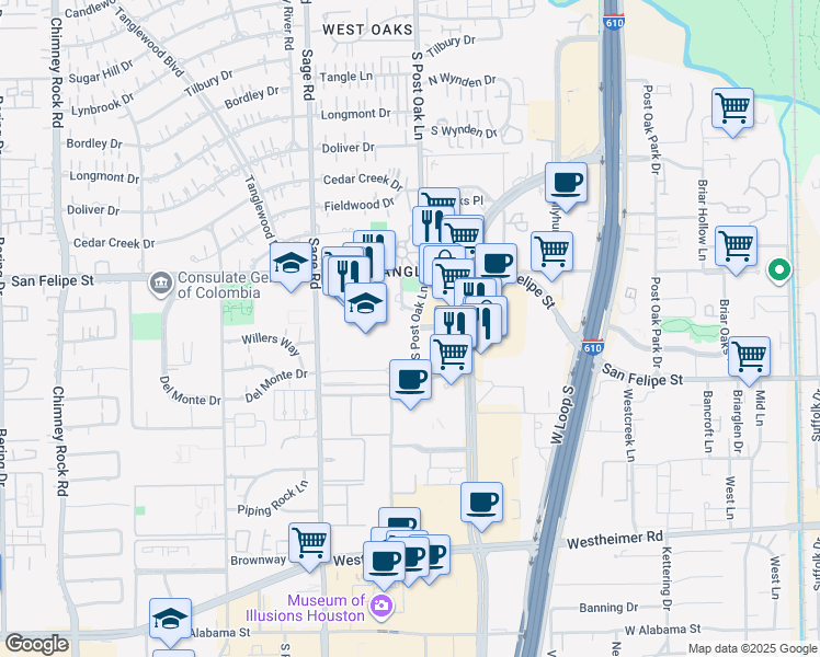 map of restaurants, bars, coffee shops, grocery stores, and more near 1770 South Post Oak Lane in Houston