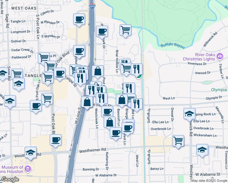 map of restaurants, bars, coffee shops, grocery stores, and more near Post Oak Park Trail in Houston