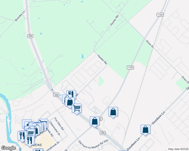 map of restaurants, bars, coffee shops, grocery stores, and more near 2250 Hunter Road in New Braunfels