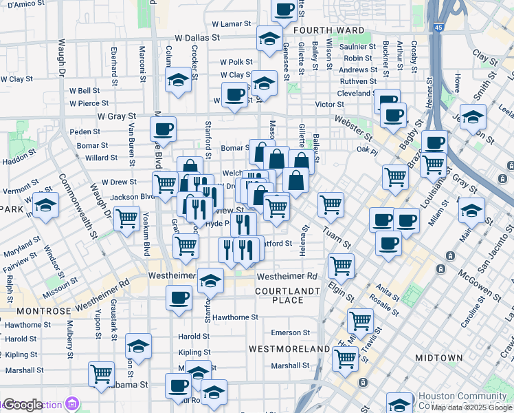 map of restaurants, bars, coffee shops, grocery stores, and more near 315 Fairview Street in Houston