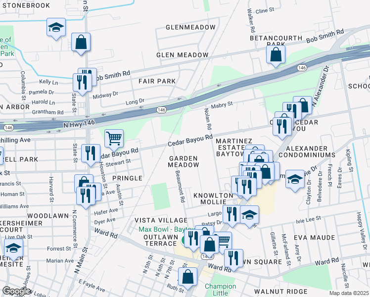 map of restaurants, bars, coffee shops, grocery stores, and more near 2106 Beaumont Road in Baytown