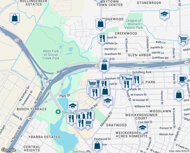 map of restaurants, bars, coffee shops, grocery stores, and more near 805 Schilling Avenue in Baytown