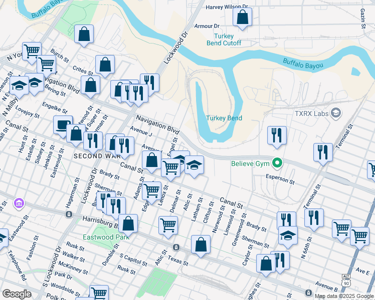 map of restaurants, bars, coffee shops, grocery stores, and more near 5412 Jonathan Lane in Houston