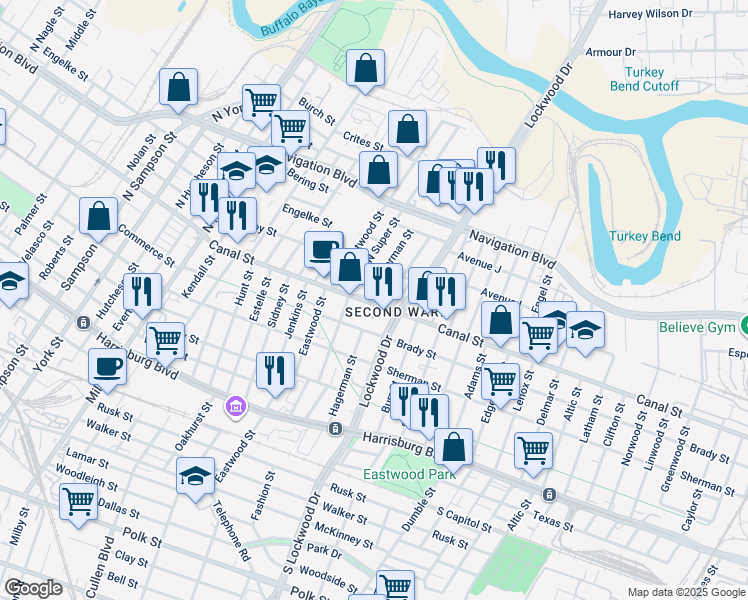 map of restaurants, bars, coffee shops, grocery stores, and more near 4526 Canal Street in Houston