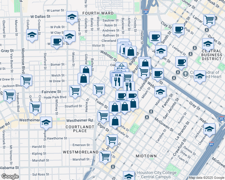 map of restaurants, bars, coffee shops, grocery stores, and more near 410 McGowen Street in Houston
