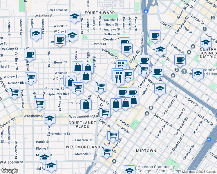map of restaurants, bars, coffee shops, grocery stores, and more near 306 Dennis Street in Houston