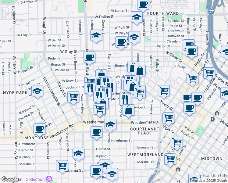 map of restaurants, bars, coffee shops, grocery stores, and more near 601 Fairview Street in Houston
