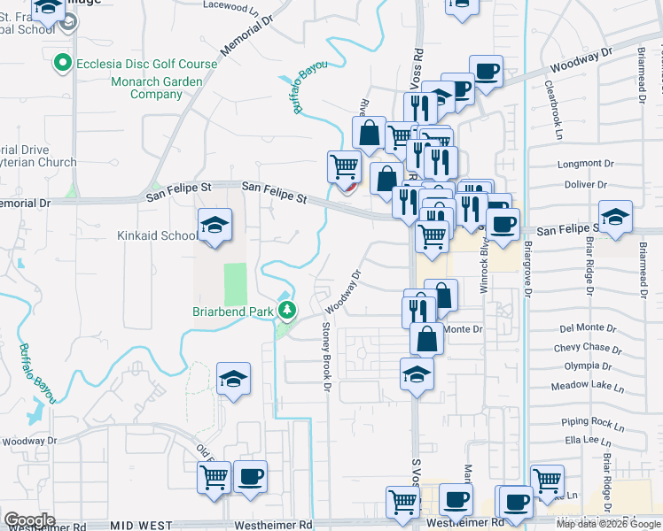 map of restaurants, bars, coffee shops, grocery stores, and more near 1811 Stoney Brook Drive in Houston