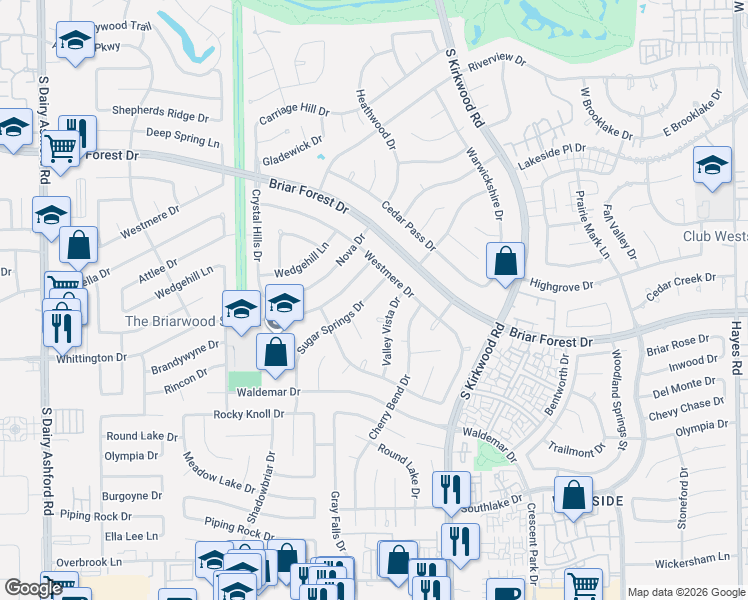 map of restaurants, bars, coffee shops, grocery stores, and more near 12027 Sugar Springs Drive in Houston
