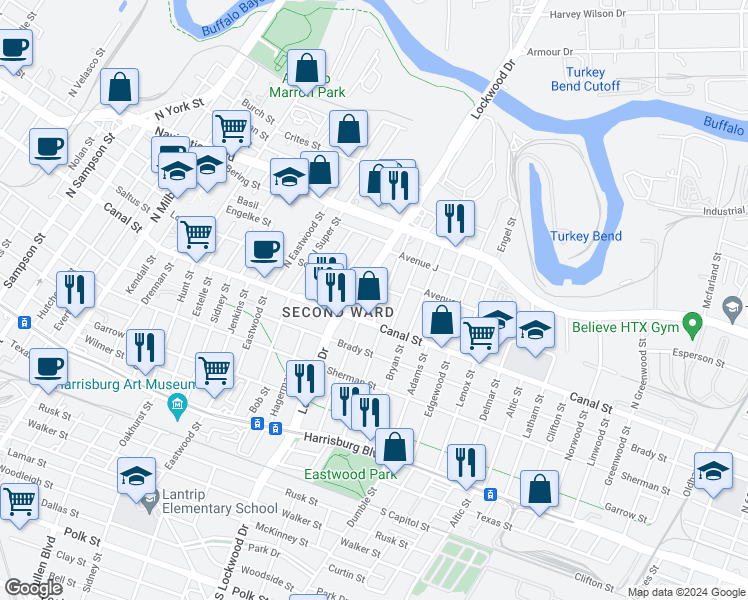 map of restaurants, bars, coffee shops, grocery stores, and more near 4731 Avenue H in Houston