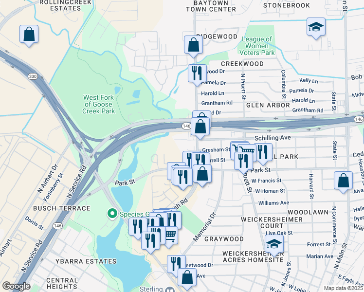 map of restaurants, bars, coffee shops, grocery stores, and more near 805 Schilling Avenue in Baytown