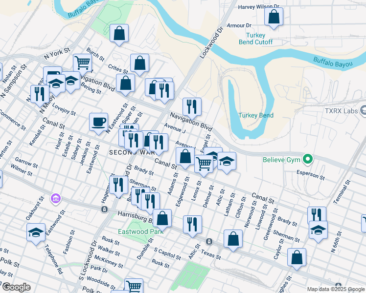 map of restaurants, bars, coffee shops, grocery stores, and more near 223 North Adams Street in Houston