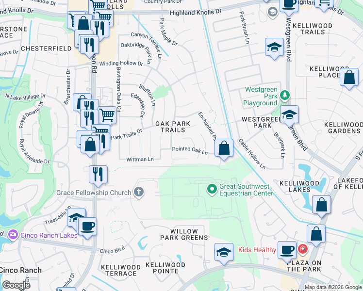 map of restaurants, bars, coffee shops, grocery stores, and more near 21523 Pointed Oak Lane in Katy