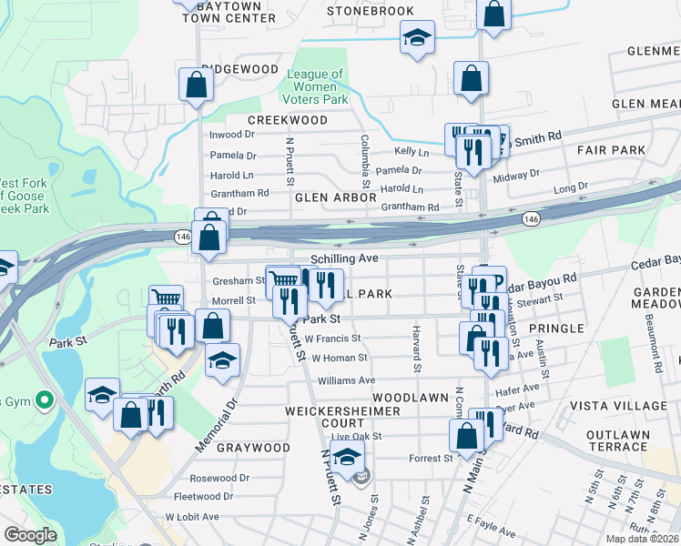 map of restaurants, bars, coffee shops, grocery stores, and more near 409 Gresham Street in Baytown