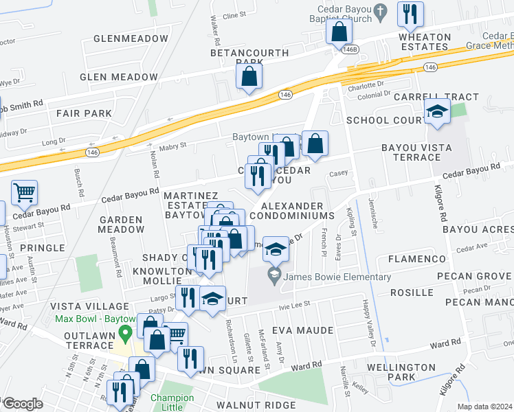 map of restaurants, bars, coffee shops, grocery stores, and more near 2698 Sandy Lane in Baytown